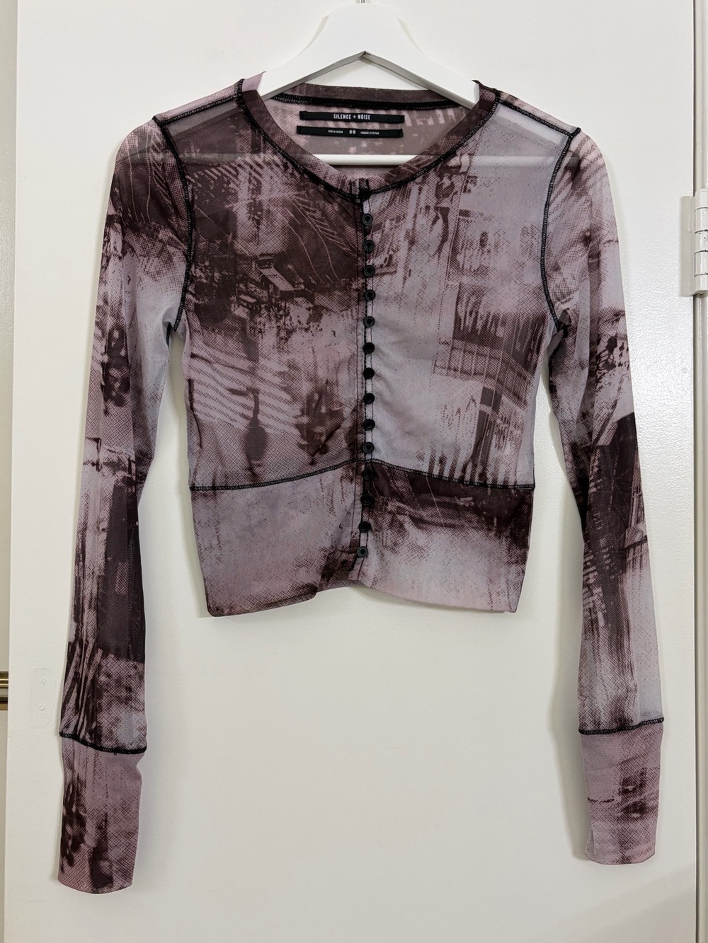Silence + Noise Sheer Mesh Printed Long Sleeve Henley Top Abstract M Y2K Grunge